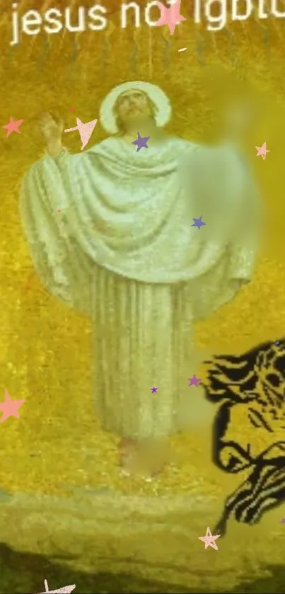 Golden theme wallpaper with mystical celestial imagery.