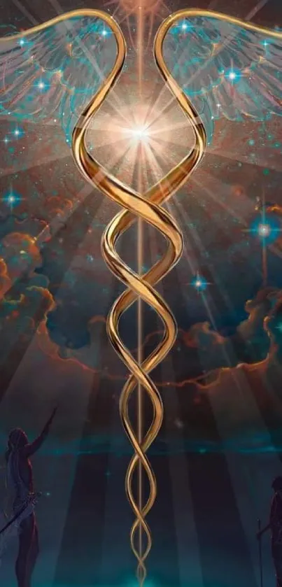 Mystical wallpaper featuring golden wings and celestial symbols.