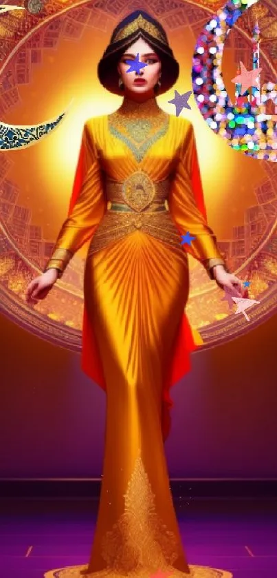 Golden-robed woman with ornate celestial background in fantasy art style.