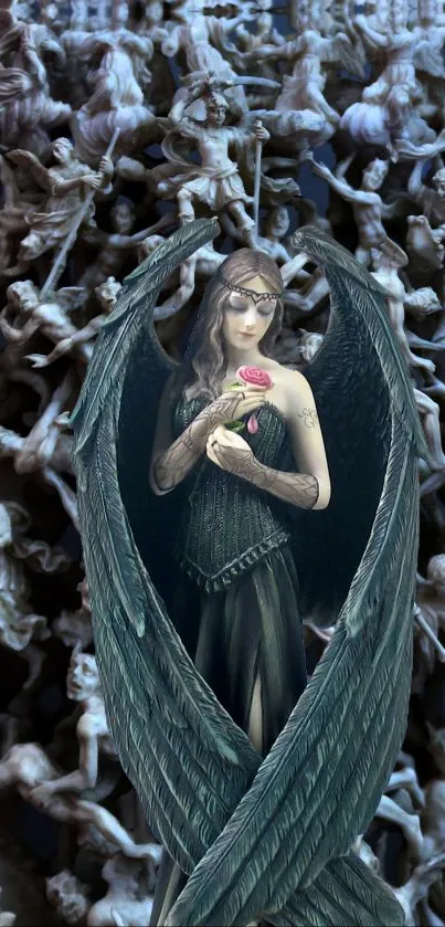 Gothic angel holding rose with dark green wings.