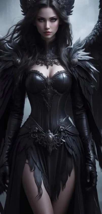 Dark gothic angel with black wings in mystical art.