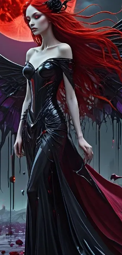 Gothic angel with dark wings and red moon.