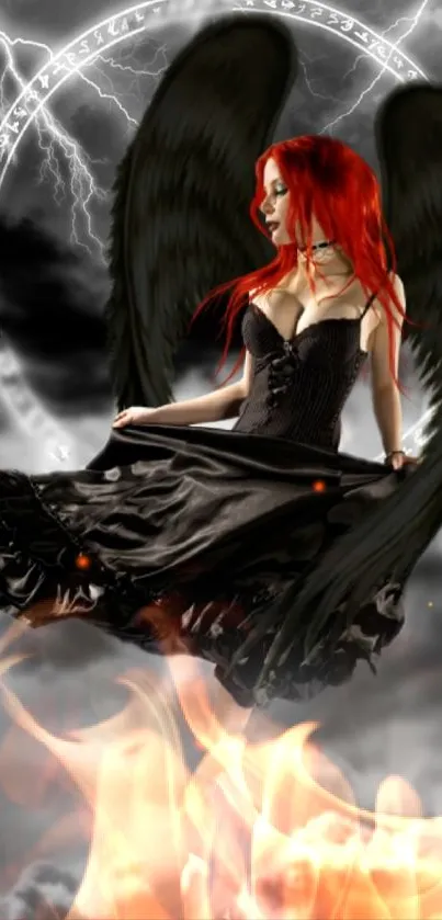 Gothic angel with red hair hovering over flames in a mystical scene.