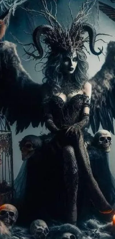 Gothic angel with horns and wings, surrounded by candles and skulls.