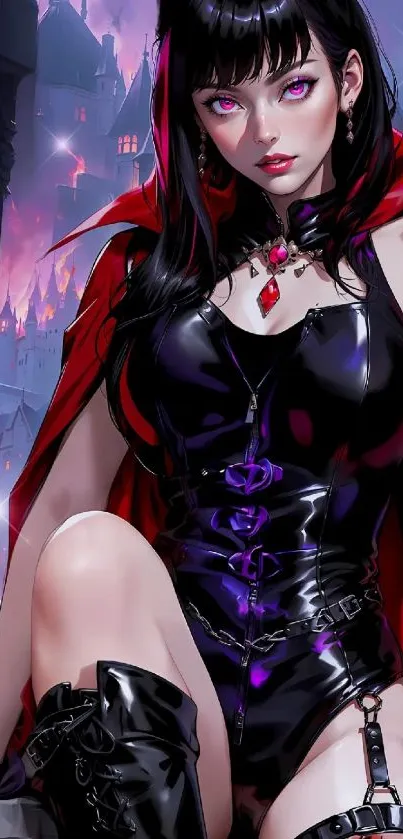 Gothic anime character with violet eyes and vibrant red cape.