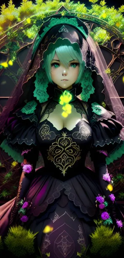 Gothic anime character with emerald hues surrounded by nature.