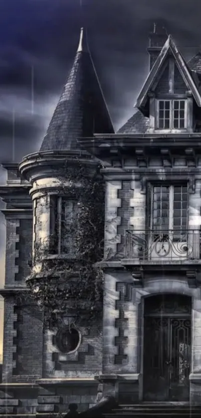 Gothic style house against a dark sky with vintage charm.