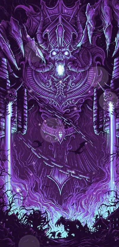 Intricate gothic wallpaper with neon purple skull design.