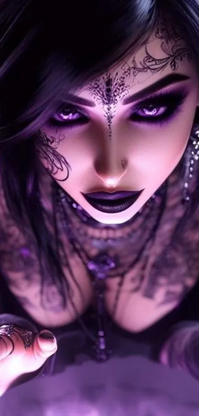 Gothic fantasy wallpaper with purple hues and intricate tattoos