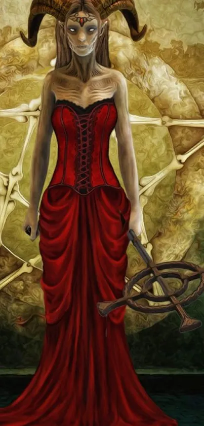 Gothic figure in red dress wallpaper with mystical symbols.