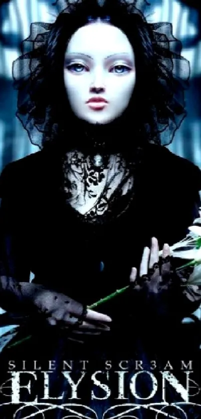 Gothic styled wallpaper with doll holding flower.