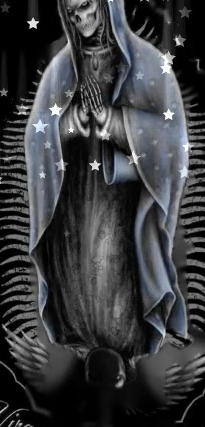 Gothic cloaked skeletal figure with stars in dark theme.