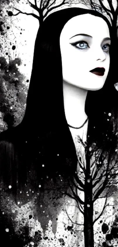 Gothic art wallpaper featuring a mystical female figure in black and white.