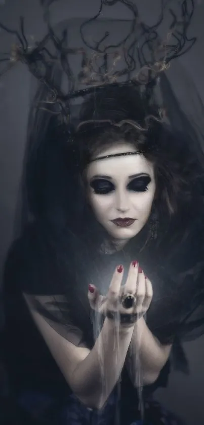 Mystical gothic figure with dark veil, exuding mystery.