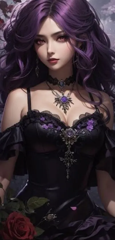 Stunning gothic anime woman with purple hair and intricate jewelry.