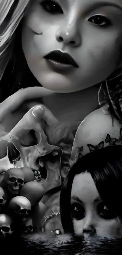 Dark fantasy wallpaper with skulls and ethereal figures in black and white.