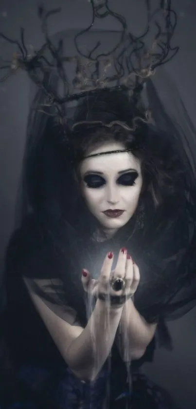 Mystical gothic figure in dark, ethereal veil.