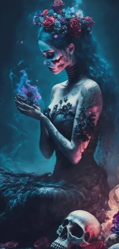 Tattooed mystical lady in gothic style with roses and magical glow.