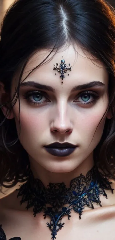 Mystical Gothic beauty with dark lipstick and intricate lace choker.