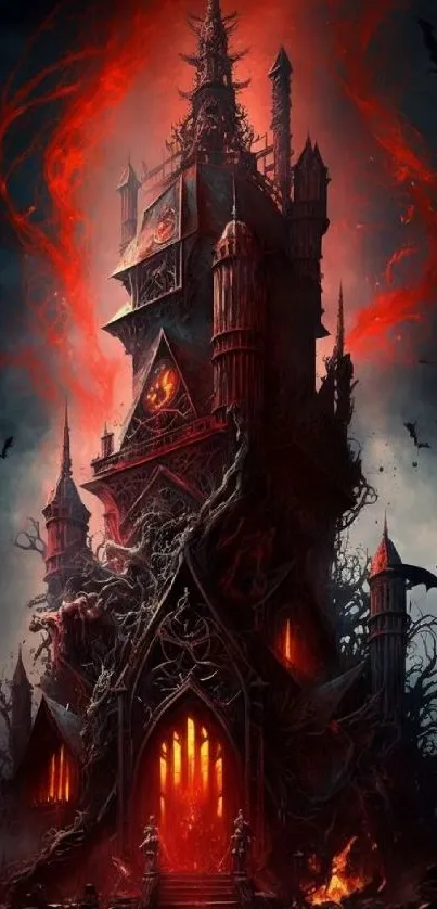 Gothic castle with red and black tones, featuring bats and atmospheric scenery.