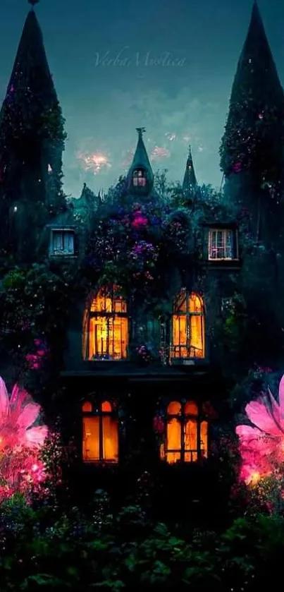 Gothic castle with vibrant flowers in dreamlike fantasy art.