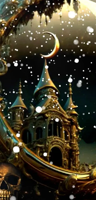 Gothic castle with crescent moon and snowfall in fantasy art design.