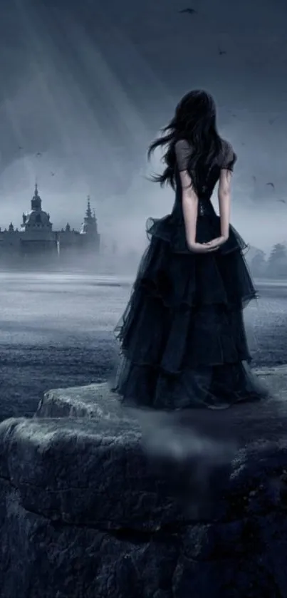 Mysterious woman in dark dress by a misty gothic castle.