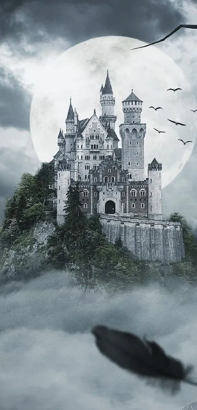 Gothic castle surrounded by fog and moonlight in fantasy scene.