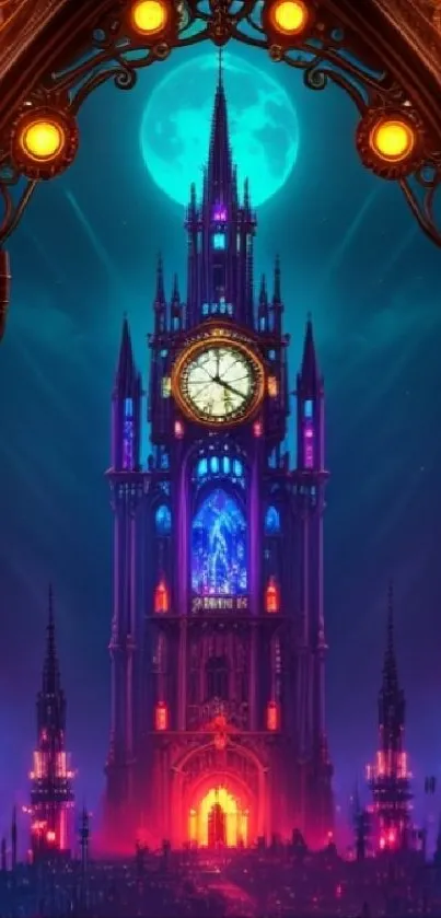 Gothic castle under a blue moon mobile wallpaper.