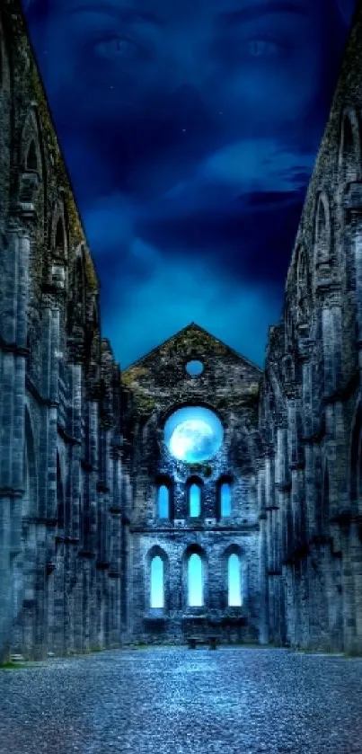 Dark gothic cathedral with blue light and an open book, evoking a mystical aura.