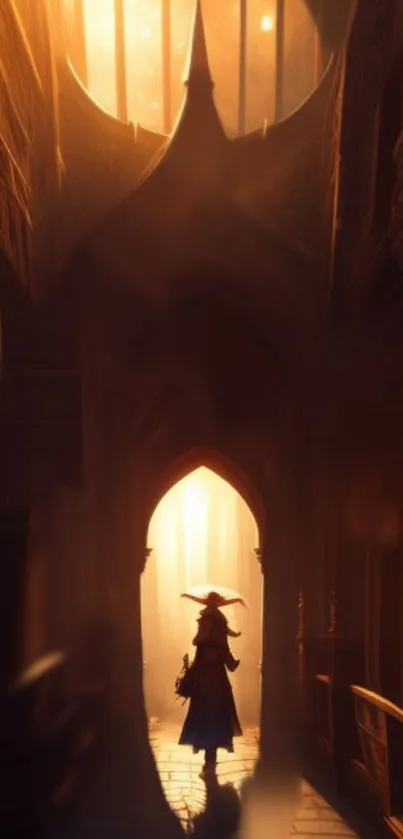 Gothic corridor with wizard silhouette in warm light.