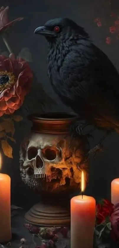 Gothic wallpaper with crow, skull, roses, and candles.