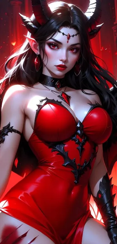 Mystical demon with horns in vivid red tones.