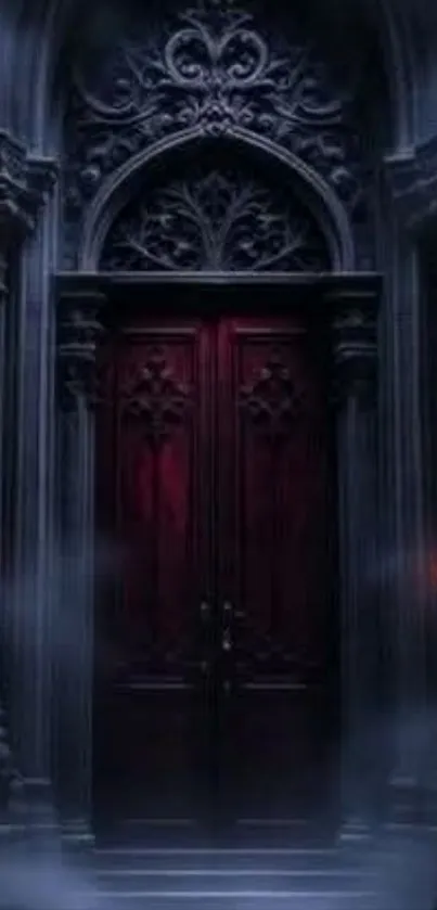 Gothic doorway with ambient lighting and intricate designs, exuding mystery and depth.
