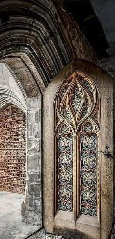 Medieval gothic doorway with intricate design in a stone archway.