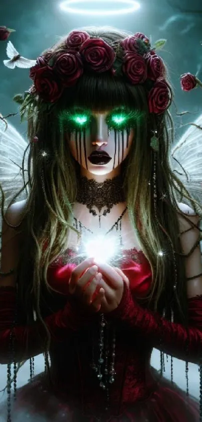 Mystical gothic fairy with roses and glowing eyes in fantasy art wallpaper.