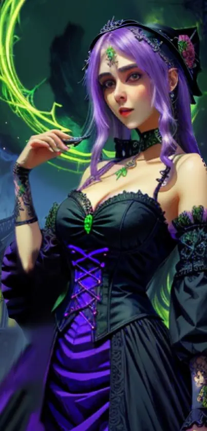 Purple-haired enchantress in gothic attire with neon accents.