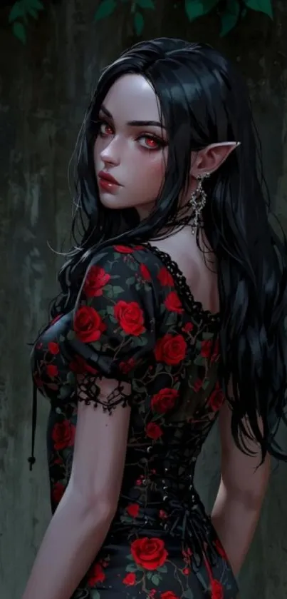 Gothic fantasy elf with red eyes in a floral dress