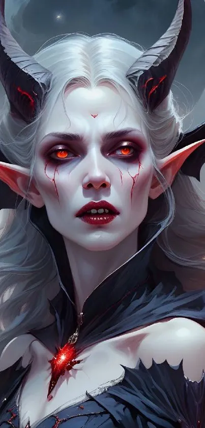 Demonic figure with horns and glowing eyes.
