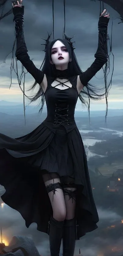 Gothic girl standing in mystical forest, wearing dark ethereal dress.