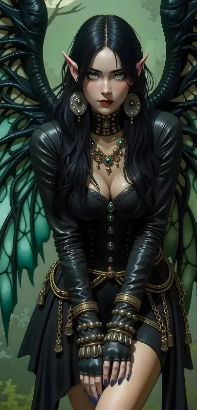 Dark gothic elf with winged attire in mystical setting.
