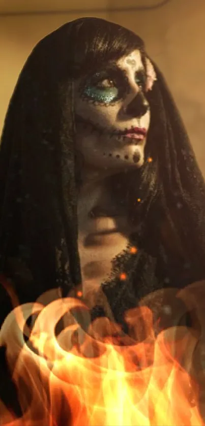 Gothic figure in flames with a mystical aura in sepia tones.
