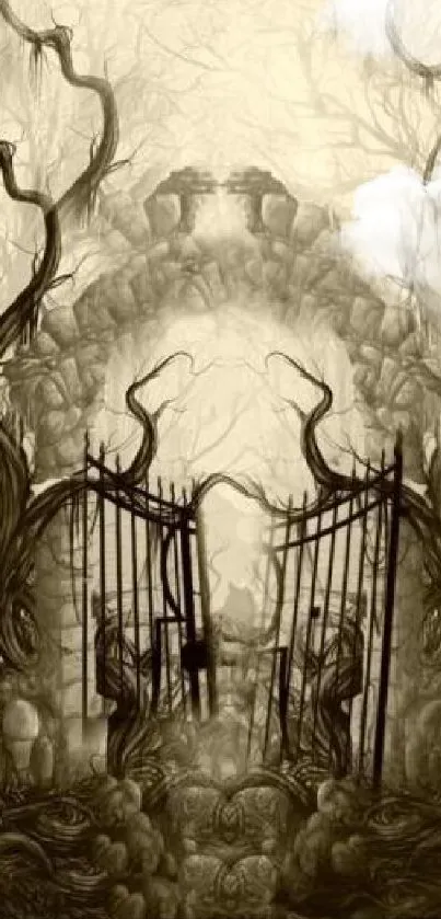 Mystical gothic forest with twisted trees and a shadowy gate in sepia tones.