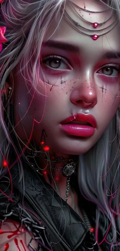 Mystical gothic girl with dark pink roses and intricate details.