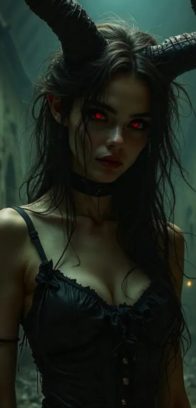 Gothic horned woman with red eyes in a dark corridor setting.