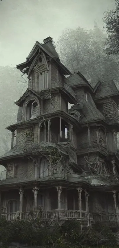 Gothic house wallpaper with misty forest backdrop.