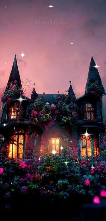 Mystical gothic house with vibrant pink flowers in a dreamy setting.