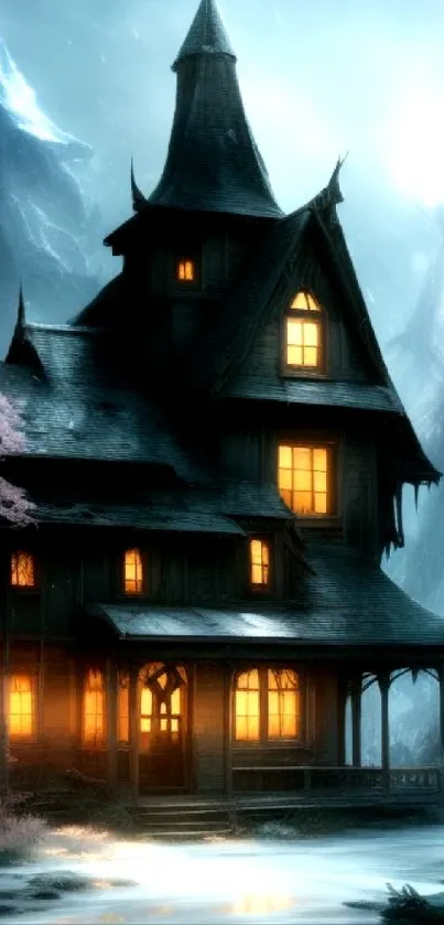 Gothic house with glowing windows in a mystical forest setting.