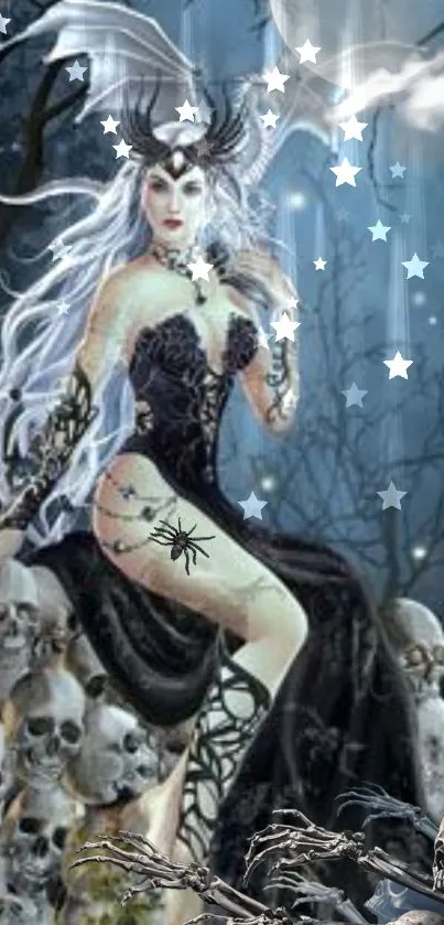 Mystical gothic lady sitting amid skulls in enchanting fantasy setting.