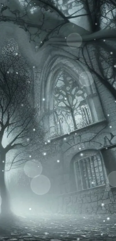 Mystical gothic landscape with tree silhouette and ethereal light.